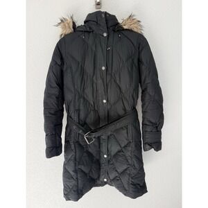 Lands End Womens Long Down Puffer Parka Coat S Black Fur Hood Belt Winter Warm